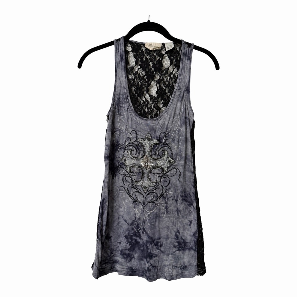 Miss Me Lace Back Embellished Cross Tank Top Tie Dye